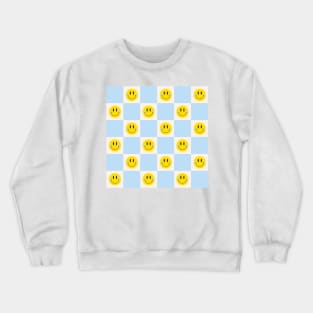 Smiley Pastel Checkered Pattern in Blue Crewneck Sweatshirt